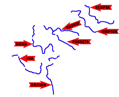 Mapa terenu - Spływy kajakowe Wieprzą, Iną, Drawą, Regą, Radwią, Parsętą, Słupią